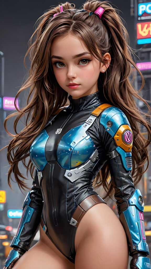 ((detailed)) a young girl in cyber punk style, she has long brown hair, full body shot