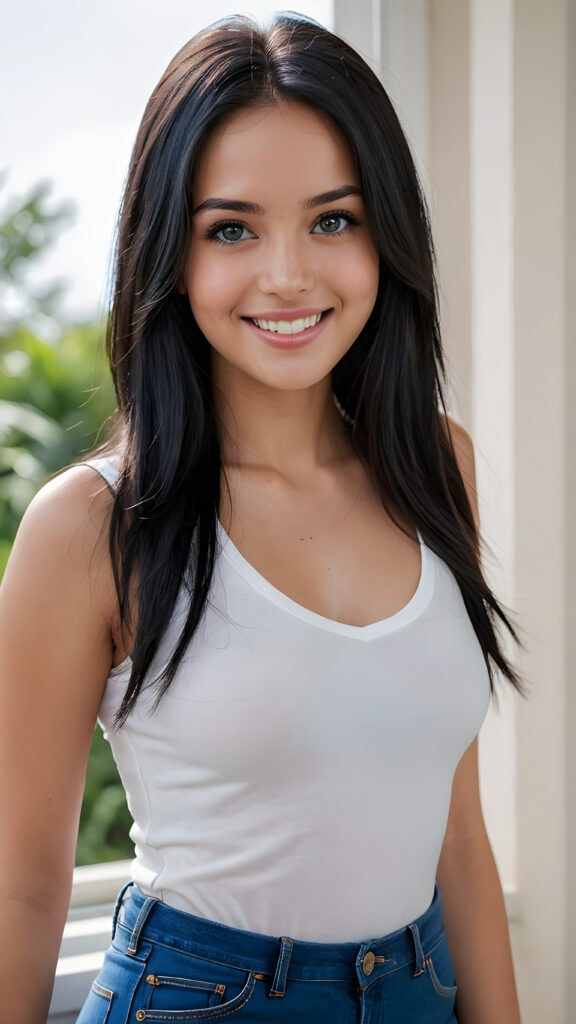 detailed an realistic photo from a girl with ((long, straight black hair)) and ((dark, realistically beautiful eyes)), dressed in a ((blue short tight jeans)) and a ((white, short, plain tight t-shirt)), with a ((realistically beautiful smile))