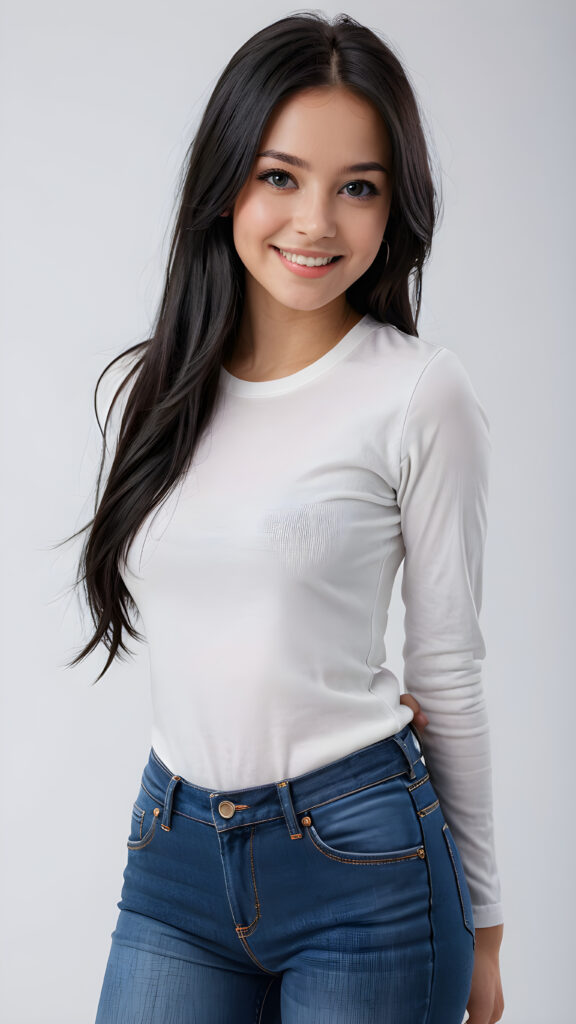 detailed an realistic photo from a girl with ((long, straight black hair)) and ((dark, realistically beautiful eyes)), dressed in a ((blue short tight jeans)) and a ((white, short, plain tight t-shirt)), with a ((realistically beautiful smile)) that fills the whole scene with a (cinematic, high-resolution, 4K rendering), white backdrop