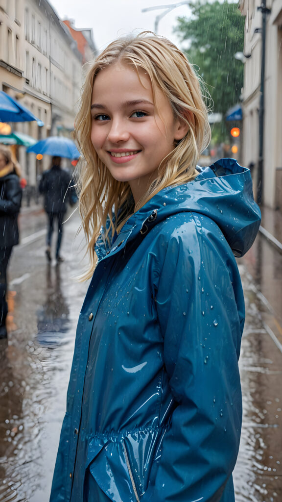 ((detailed and realistic photo)) a young girl is alone in the heavy rain, in an city. She wears a blue thin rain jacket and has blond wet hair. She is smiling slightly.