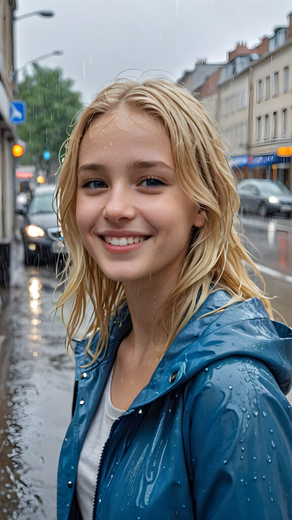 ((detailed and realistic photo)) a young girl is alone in the heavy rain, in an city. She wears a blue thin rain jacket and has blond wet hair. She is smiling slightly.