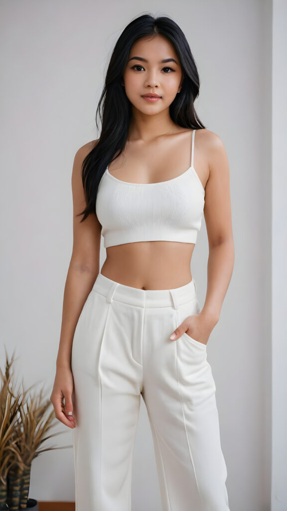 detailed and realistic photo from a cute young busty Filipino girl with long jet black hair, accentuating her (((navel))) with a (white cropped spaghetti tank top) made of fine wool, ((wide, baggy white pants, cut to frame her shape))