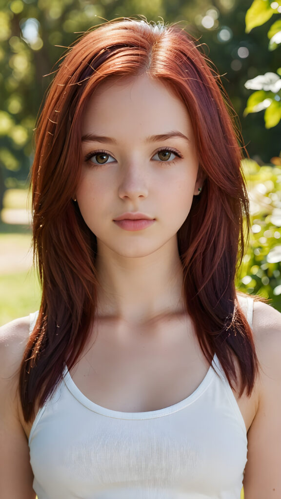 detailed and realistic close-up portrait: a (((beautiful teen girl with (straight burgundy hair with soft layers) and brown eyes))), who exudes a distinct (((sharpness))), coupled with (((pale skin))) and (((vividly full lips))) that curve into, dressed in a (((white crop tank top))), (sunny park in backdrop)