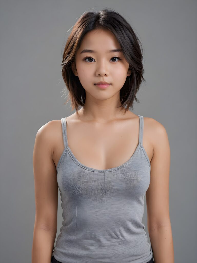 detailed and realistic portrait from a Asian teen girl, 14 years old, straight soft jet hair, realistic detailed angelic round face, perfect curved body, ((low cut tight (tank top))), perfect anatomy, side perspective, ((grey background))