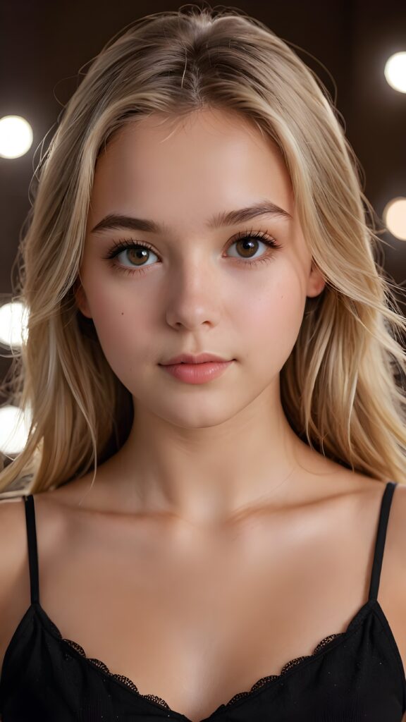 detailed and realistic photo of a young 14 years old girl with flawless skin. She has long, straight blond hair that falls over her upper body. She is wearing a tight, short top which emphasizes her perfect, sculpted body and has a plunging neckline. Her gaze is seductive and she looks directly at the viewer. Her brown eyes shine and sparkle, reflecting a little light. Low light falls into the picture and casts shadows