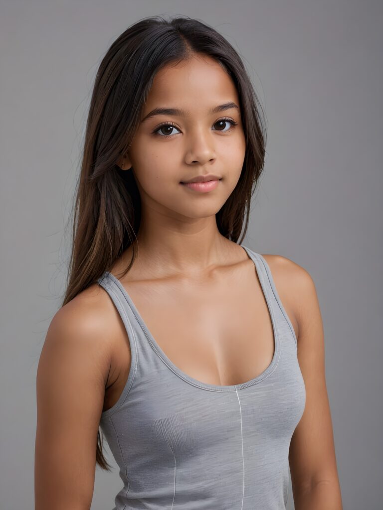 detailed and realistic portrait from a brown-skinned Exotic teen girl, 14 years old, long straight hair, realistic detailed angelic round face, perfect curved body, ((low cut tight (tank top))), perfect anatomy, side perspective, ((grey background))