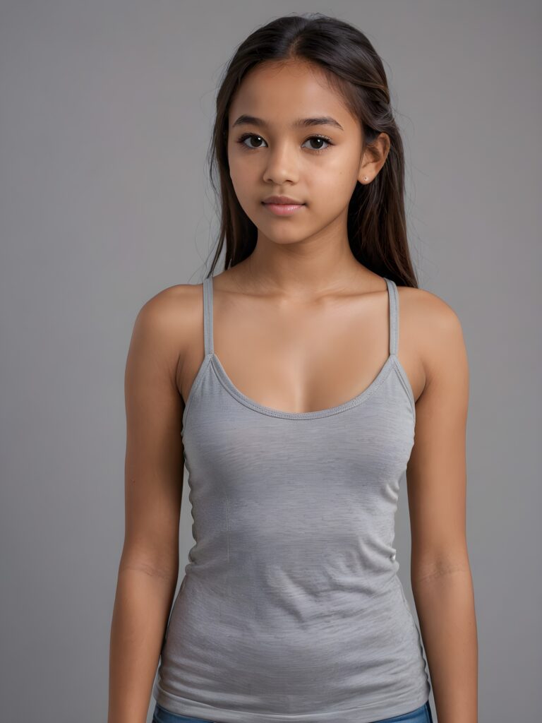 detailed and realistic portrait from a brown-skinned Exotic teen girl, 14 years old, long straight hair, realistic detailed angelic round face, perfect curved body, ((low cut tight (tank top))), perfect anatomy, side perspective, ((grey background))