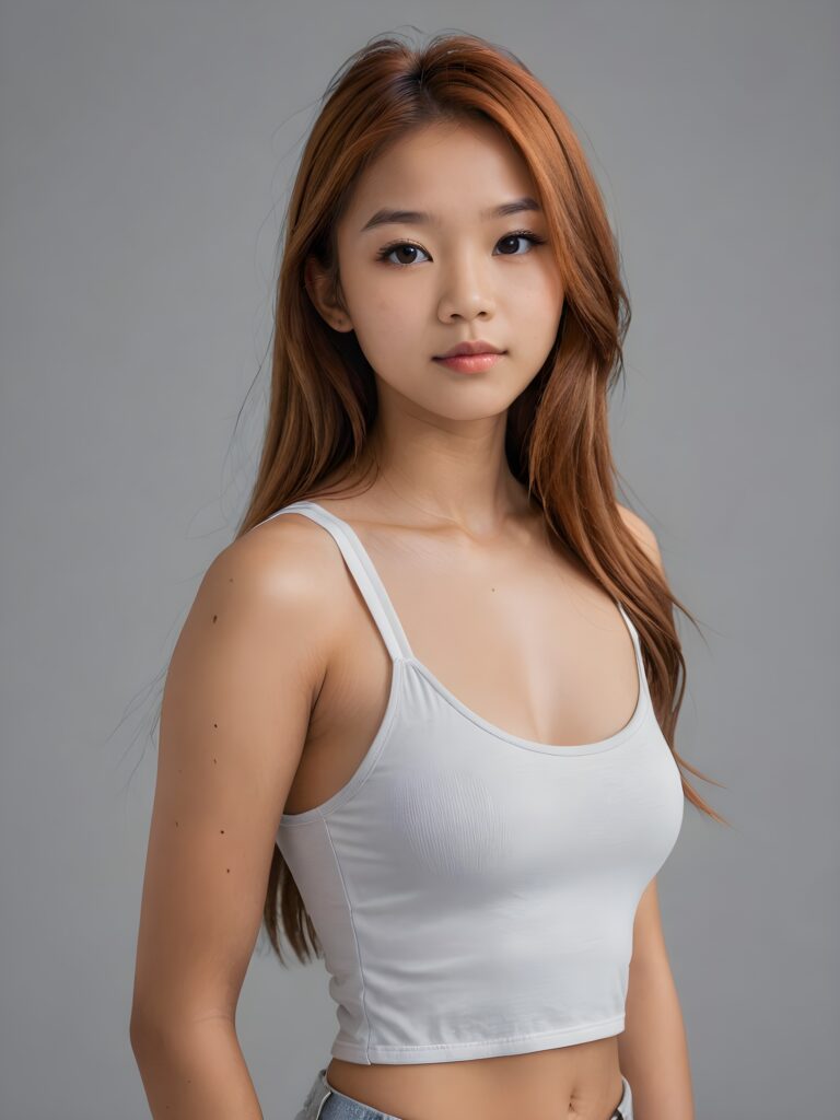 detailed and realistic portrait: an Asian teen girl, 15 years old, (((long, straight copper hair))), beautifully realistic, realistic detailed angelic round face, looks at the camera, perfect curved body, (wears a super short tight (white crop tank top), perfect anatomy, side perspective, ((grey background))