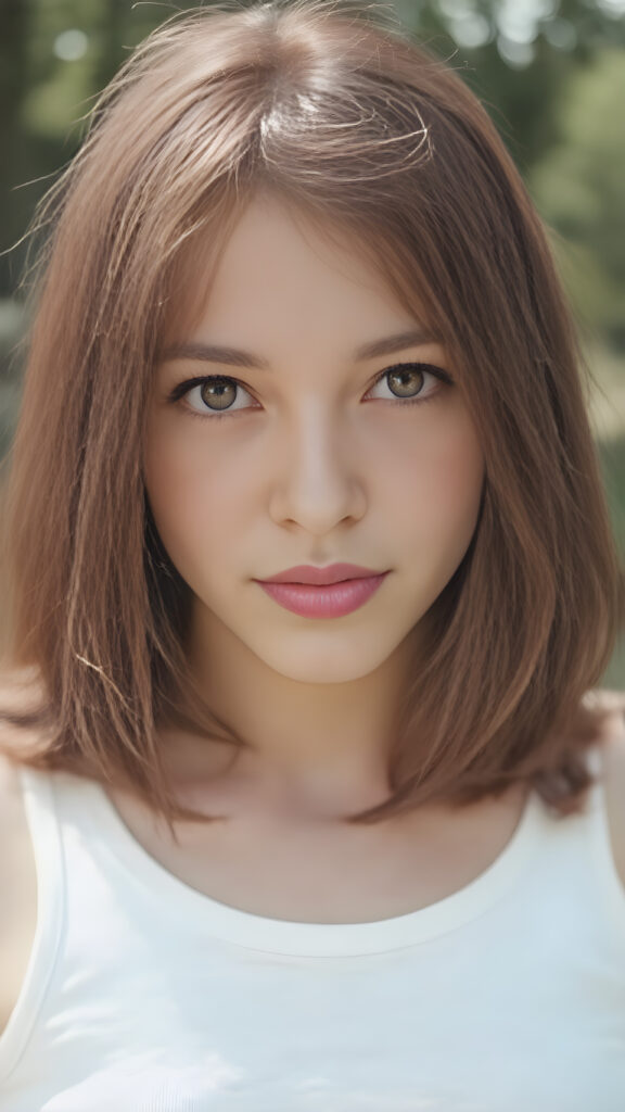 detailed and realistic upper body portrait: a (((beautiful teen girl with (straight burgundy hair with soft layers) and brown eyes))), who exudes a distinct (((sharpness))), coupled with (((pale skin))) and (((vividly full lips))) that curve into, dressed in a (((white crop tank top))), (sunny park in backdrop)