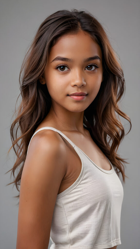 detailed and realistic 3D pictures: a ((brown-skinned cute teenage girl)), white short tank top, soft long hair, (grey background)