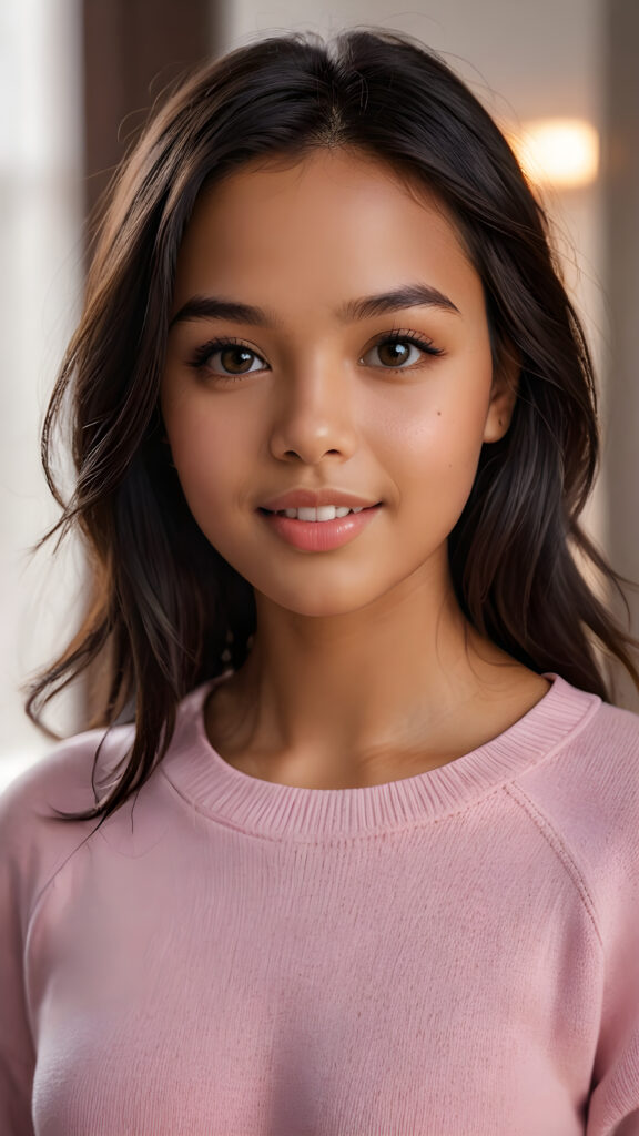 detailed and realistic photo: a beautiful, breathtaking brown-skinned teenage girl with silky smooth obsidian soft black straight hair looks at the viewer in amazement. She has a round face, smooth, white skin and full, plump lips. Her mouth is slightly open with white teeth. The picture is bathed in warm light and creates perfect shadows. She wears a thin, tight-fitting pink sweater that emphasizes her wonderful body. Her beautiful brown eyes reflect a little light. ((stunning)) ((gorgeous))