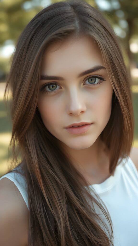 detailed and realistic close-up portrait ((1:3)) from a (((beautiful teen girl with (straight brown hair with soft layers) and brown eyes))), dressed in a (((white crop tank top))), perfect curved body, (sunny park in backdrop)