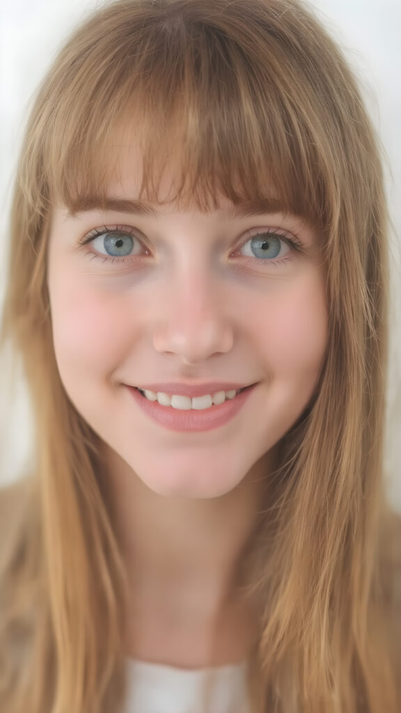 detailed and realistic head portrait, a thoughtful (((cute adult girl))) with long soft red straight hair, bangs, light green detailed eyes, white backdrop, focus on her round face, she smile, white teeth, front view