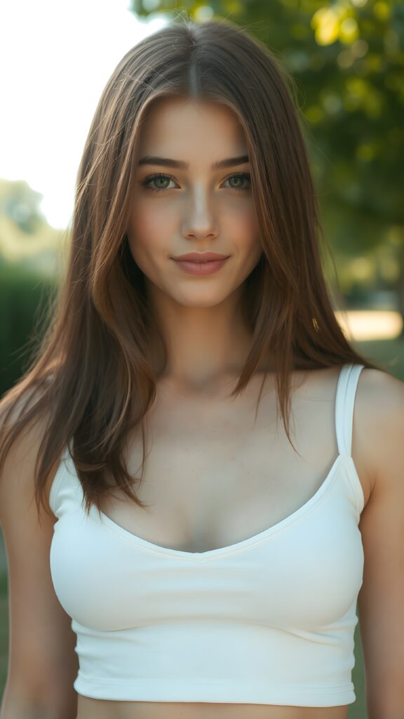 detailed and realistic portrait ((1:3)) from a beautiful young stunning, gorgeous teen girl with (straight soft burgundy hair) and brown eyes, looks seductively and smiles gently, coupled with (((pale skin))) and (((vividly full lips))) that curve into, dressed in a (((white crop tank top, deep v-neck))), (sunny park in backdrop), she has a pervect curved body,