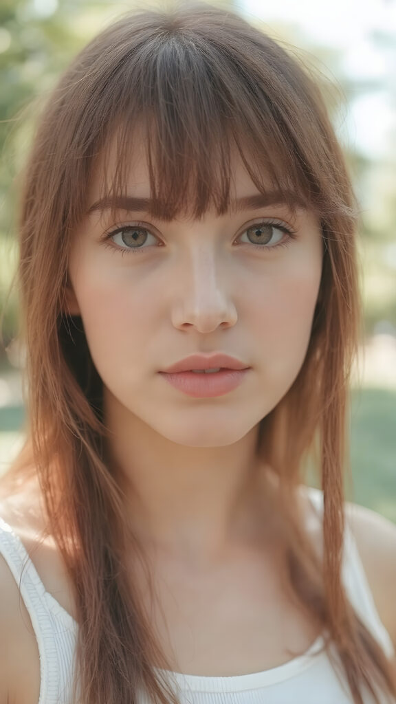 detailed and realistic upper body portrait: a (((beautiful teen girl with (straight burgundy hair with soft layers) and brown eyes))), who exudes a distinct (((sharpness))), coupled with (((pale skin))) and (((vividly full lips))) that curve into, dressed in a (((white crop tank top))), (sunny park in backdrop)