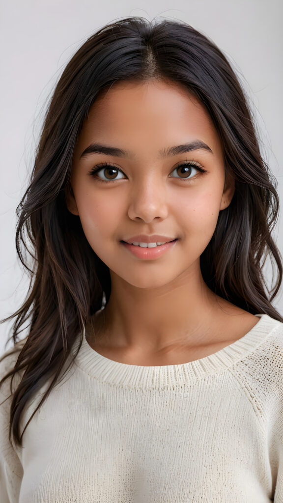 detailed and realistic photo: a beautiful, breathtaking brown-skinned teenage girl with silky smooth obsidian soft black straight hair looks at the viewer in amazement. The hair reaches down to the shoulders and is cut straight. She has a round face, smooth, white skin and full, plump lips. Her mouth is slightly open with white teeth. The picture is bathed in warm light and creates perfect shadows. She wears a thin, tight-fitting sweater that emphasizes her wonderful body. Her beautiful brown eyes reflect a little light. ((stunning)) ((gorgeous)) ((white background))