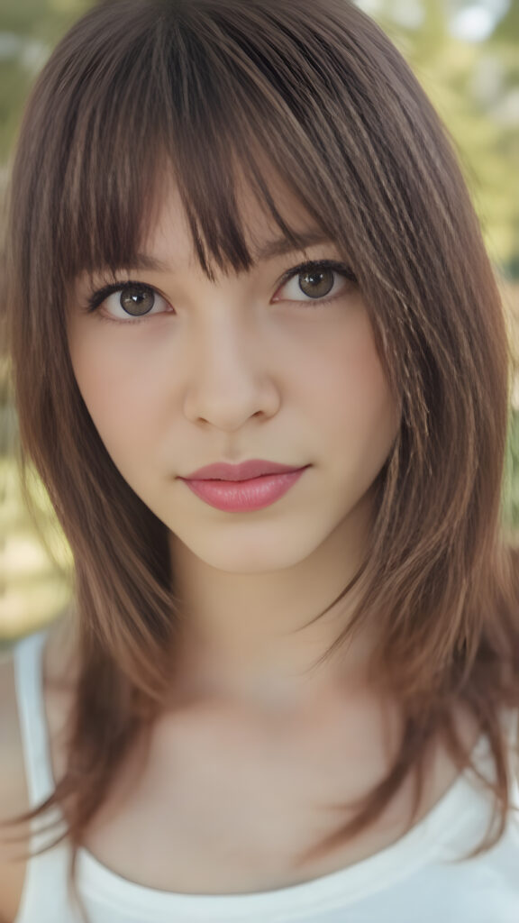 detailed and realistic upper body portrait: a (((beautiful teen girl with (straight burgundy hair with soft layers) and brown eyes))), who exudes a distinct (((sharpness))), coupled with (((pale skin))) and (((vividly full lips))) that curve into, dressed in a (((white crop tank top))), (sunny park in backdrop)