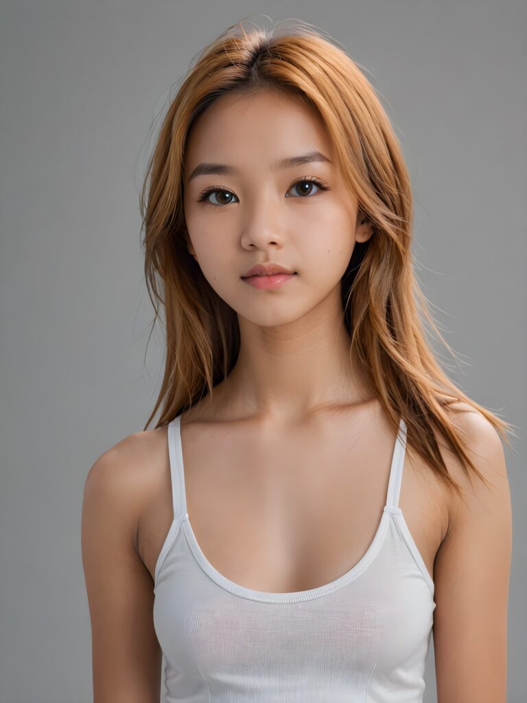 detailed and realistic portrait: an Asian teen girl, 15 years old, (((long, straight light amber hair))), beautifully realistic, realistic detailed angelic round face, looks at the camera, perfect curved body, (wears a super short tight (white crop tank top), perfect anatomy, side perspective, ((grey background))