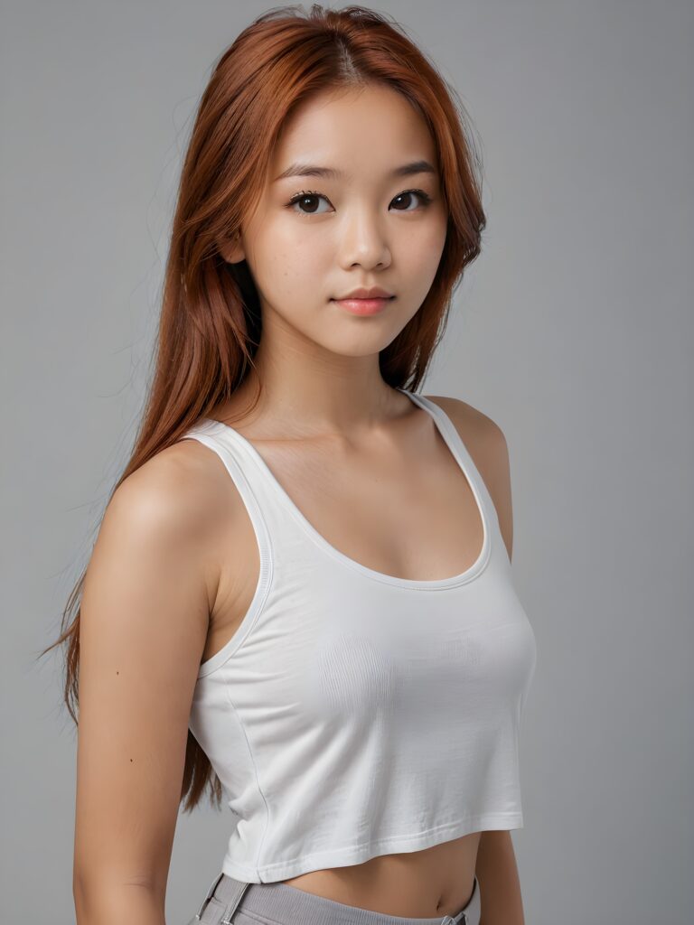 detailed and realistic portrait: an Asian teen girl, 15 years old, (((long, straight auburn-red hair))), beautifully realistic, realistic detailed angelic round face, looks at the camera, perfect curved body, (wears a super short tight (white crop tank top), perfect anatomy, side perspective, ((grey background))