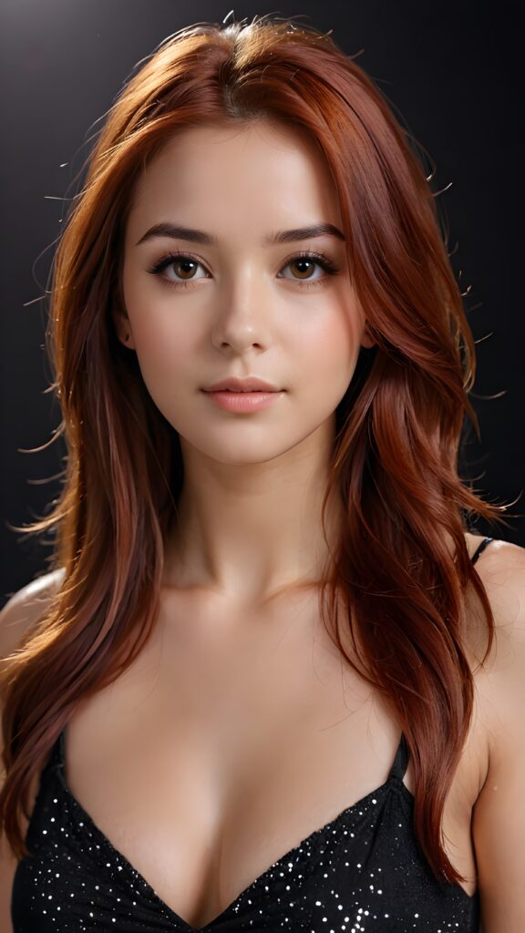 detailed and realistic photo of a young girl with flawless skin. She has long, straight red hair that falls over her upper body. She is wearing a tight, short top which emphasizes her perfect, sculpted body and has a plunging neckline. Her gaze is seductive and she looks directly at the viewer. Her brown eyes shine and sparkle, reflecting a little light. Low light falls into the picture and casts shadows, black empty backdrop