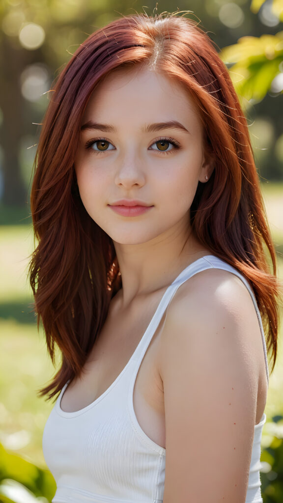 detailed and realistic close-up portrait: a (((beautiful teen girl with (straight burgundy hair with soft layers) and brown eyes))), looks seductively and smiles gently, who exudes a distinct (((sharpness))), coupled with (((pale skin))) and (((vividly full lips))) that curve into, dressed in a (((white crop tank top))), (sunny park in backdrop)