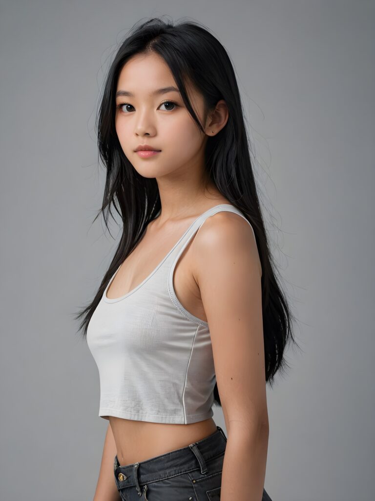 detailed and realistic portrait: an Asian teen girl, 15 years old, (((long, straight obsidian black hair))), beautifully realistic, realistic detailed angelic round face, looks at the camera, perfect curved body, (wears a super short tight (white crop tank top), perfect anatomy, side perspective, ((grey background))