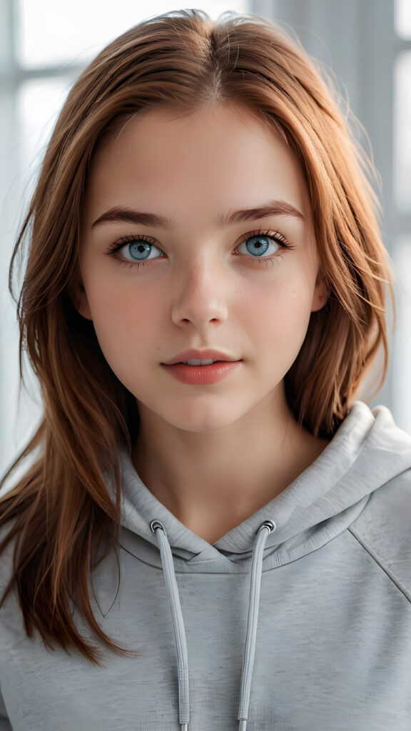 detailed and realistic photo: a beautiful, breathtaking teenage girl, 13 years old, with soft auburn straight hair and (light blue eyes)) looks at the viewer in amazement. The hair reaches down to the shoulders and is cut straight. She has a round face, smooth, white skin and full red lips. Her mouth is slightly open with white teeth. The picture is bathed in warm light and creates perfect shadows. She wears a ((thin, tight-fitting grey hoodie)) that emphasizes her wonderful body. Her beautiful brown eyes reflect a little light. ((stunning)) ((gorgeous)) ((white background))