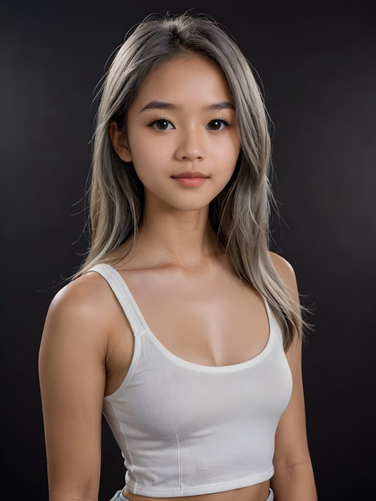 detailed and realistic portrait: an Asian teen girl, 15 years old, (((long, straight ash grey hair))), beautifully realistic, realistic detailed angelic round face, looks at the camera, perfect curved body, (wears a super short tight (white crop tank top), perfect anatomy, side perspective, ((dark background))