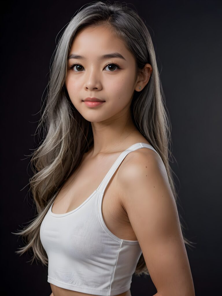 detailed and realistic portrait: an Asian teen girl, 15 years old, (((long, straight ash grey hair))), beautifully realistic, realistic detailed angelic round face, looks at the camera, perfect curved body, (wears a super short tight (white crop tank top), perfect anatomy, side perspective, ((dark background))