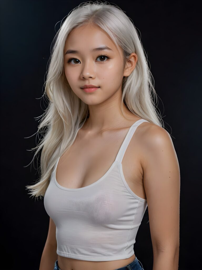 detailed and realistic portrait: an Asian teen girl, 15 years old, (((long, straight white hair))), beautifully realistic, realistic detailed angelic round face, looks at the camera, perfect curved body, (wears a super short tight (white crop tank top), perfect anatomy, side perspective, ((dark background))