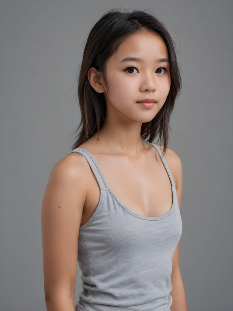 detailed and realistic portrait from a Asian teen girl, 14 years old, straight soft jet hair, realistic detailed angelic round face, perfect curved body, ((low cut tight (tank top))), perfect anatomy, side perspective, ((grey background))