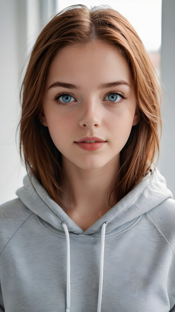 detailed and realistic photo: a beautiful, breathtaking teenage girl, 13 years old, with soft auburn straight hair and (light blue eyes)) looks at the viewer in amazement. The hair reaches down to the shoulders and is cut straight. She has a round face, smooth, white skin and full red lips. Her mouth is slightly open with white teeth. The picture is bathed in warm light and creates perfect shadows. She wears a ((thin, tight-fitting grey hoodie)) that emphasizes her wonderful body. Her beautiful brown eyes reflect a little light. ((stunning)) ((gorgeous)) ((white background))