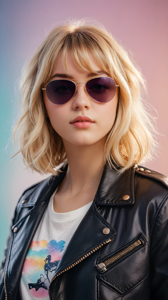 detailed and realistic photo from a young cute busty teenage girl with long blond bob cut and soft hair, with bangs, ((black aviator jacket)), ethereal, hand painted, hazy white backdrop, ((beautiful colors))