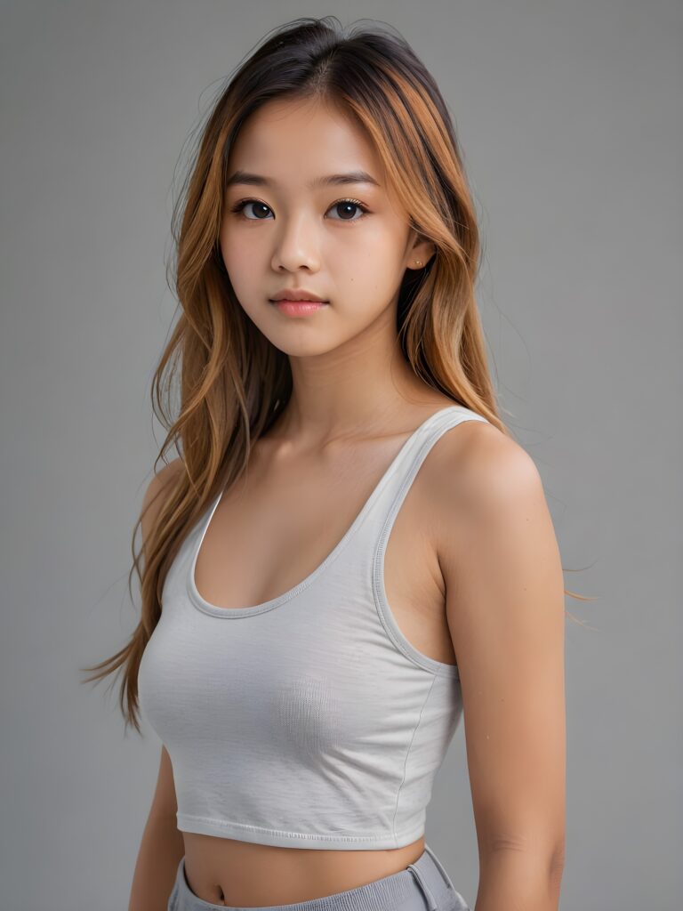 detailed and realistic portrait: an Asian teen girl, 15 years old, (((long, straight light amber hair))), beautifully realistic, realistic detailed angelic round face, looks at the camera, perfect curved body, (wears a super short tight (white crop tank top), perfect anatomy, side perspective, ((grey background))