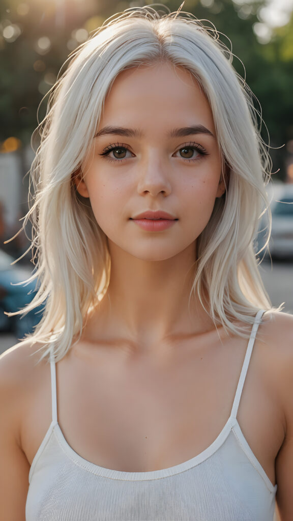 detailed and realistic photo from a very young girl, soft straight jet white hair, close up, thin dressed in a spaghetti tank top, perfect body