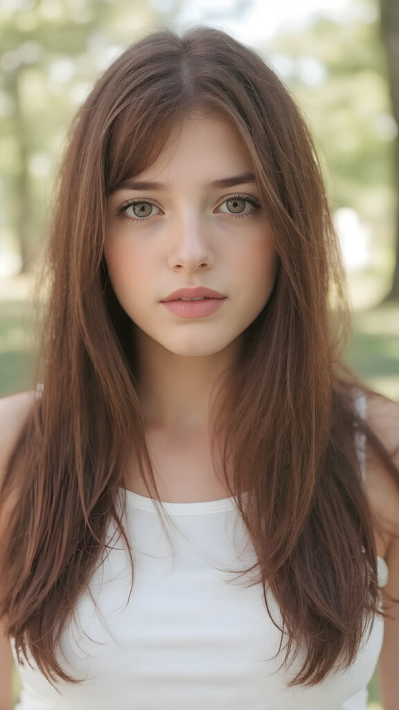 detailed and realistic upper body portrait: a (((beautiful teen girl with (straight burgundy hair with soft layers) and brown eyes))), who exudes a distinct (((sharpness))), coupled with (((pale skin))) and (((vividly full lips))) that curve into, dressed in a (((white crop tank top))), (sunny park in backdrop)