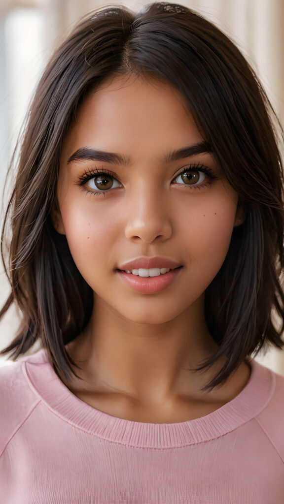 detailed and realistic photo: a beautiful, breathtaking brown-skinned teenage girl with silky smooth obsidian soft black straight hair looks at the viewer in amazement. She has a round face, smooth, white skin and full, plump lips. Her mouth is slightly open with white teeth. The picture is bathed in warm light and creates perfect shadows. She wears a thin, tight-fitting pink sweater that emphasizes her wonderful body. Her beautiful brown eyes reflect a little light. ((stunning)) ((gorgeous))