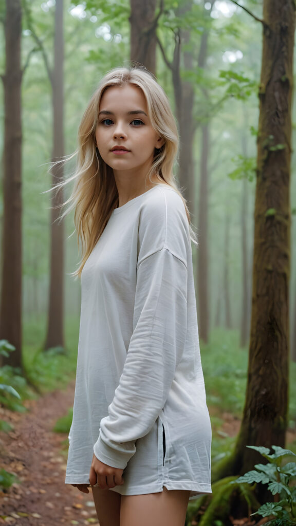 detailed and realistic pictures: a young blond teenage girl in a big foggy forest, feel lonely, she is poor dressed in a long plain t-shirt, perfect curved body, ((stunning)) ((gorgeous))