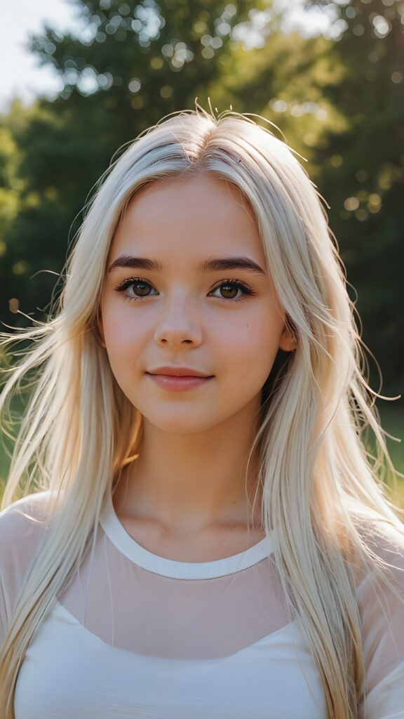 detailed and realistic photo from a young teenage girl, straight long jet soft white hair, natural backdrop