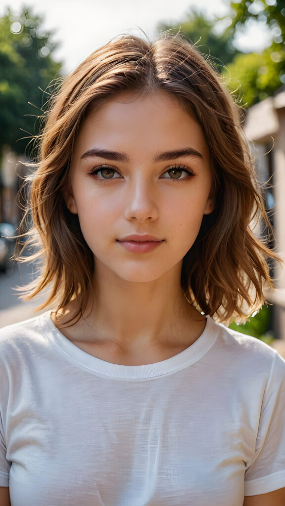 detailed and realistic photo from a young teen girl, soft brown hair, close up portrait, white t-shirt, ((gorgeous)) ((stunning))