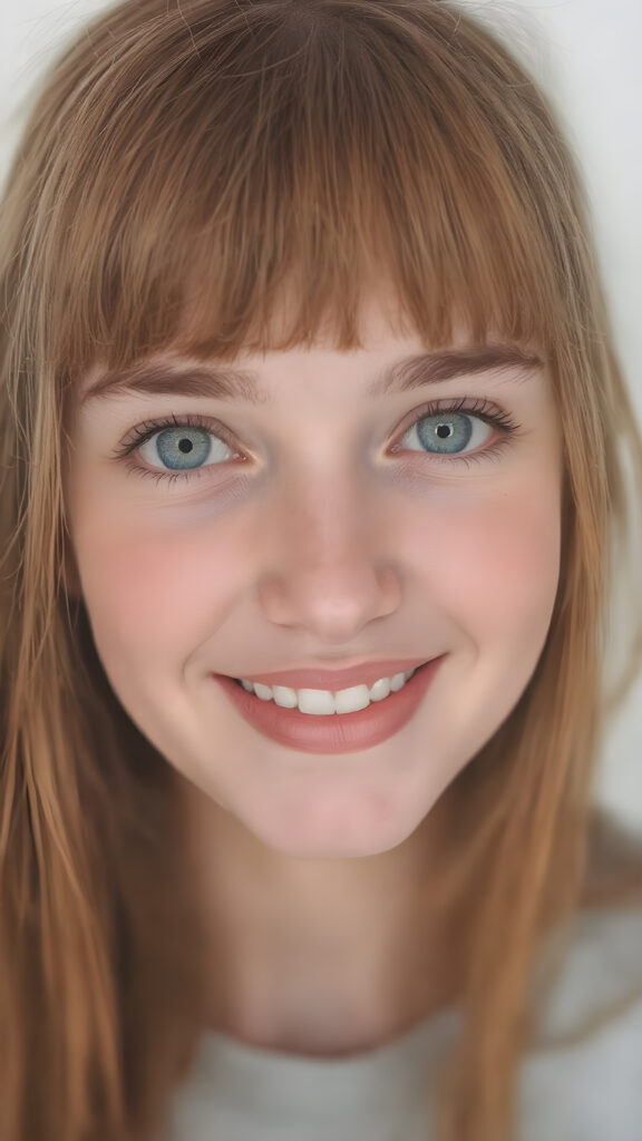 detailed and realistic head portrait, a thoughtful (((cute adult girl))) with long soft red straight hair, bangs, light green detailed eyes, white backdrop, focus on her round face, she smile, white teeth, front view