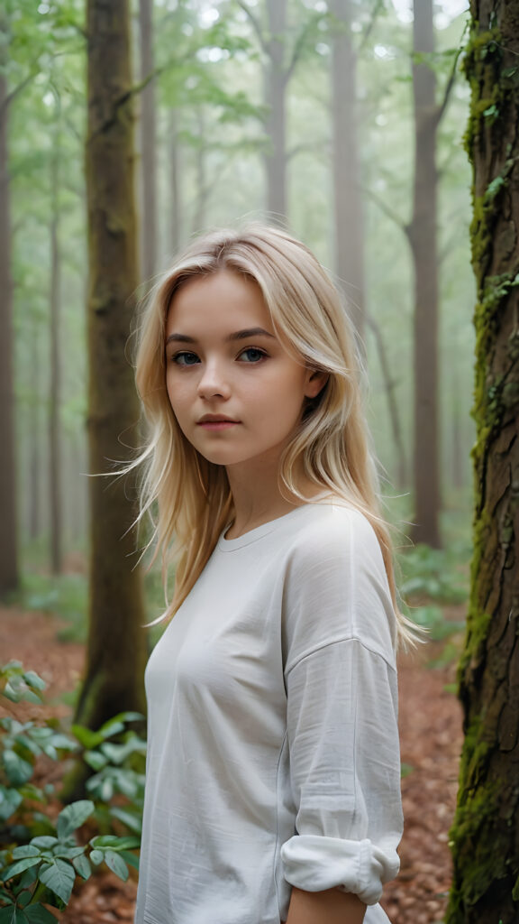 detailed and realistic pictures: a young blond teenage girl in a big foggy forest, feel lonely, she is poor dressed in a long plain t-shirt, perfect curved body, ((stunning)) ((gorgeous))