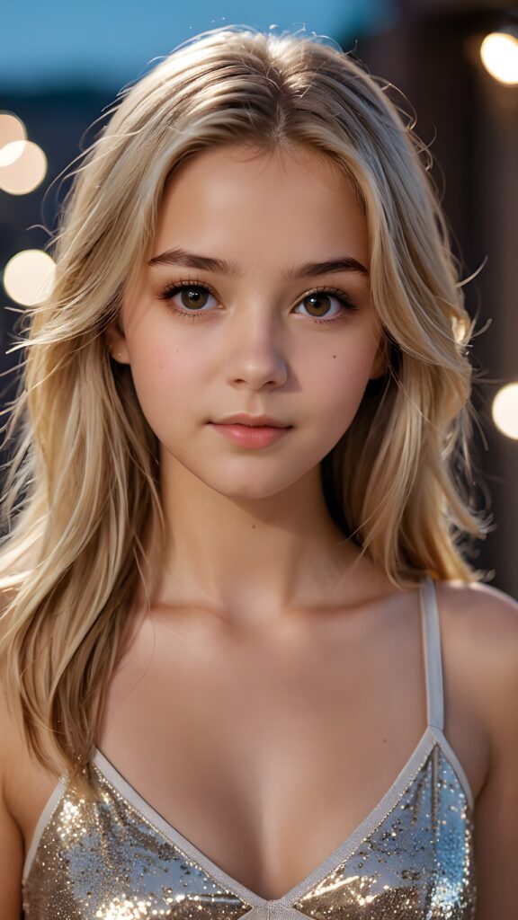 detailed and realistic photo of a young 14 years old girl with flawless skin. She has long, straight blond hair that falls over her upper body. She is wearing a tight, short top which emphasizes her perfect, sculpted body and has a plunging neckline. Her gaze is seductive and she looks directly at the viewer. Her brown eyes shine and sparkle, reflecting a little light. Low light falls into the picture and casts shadows