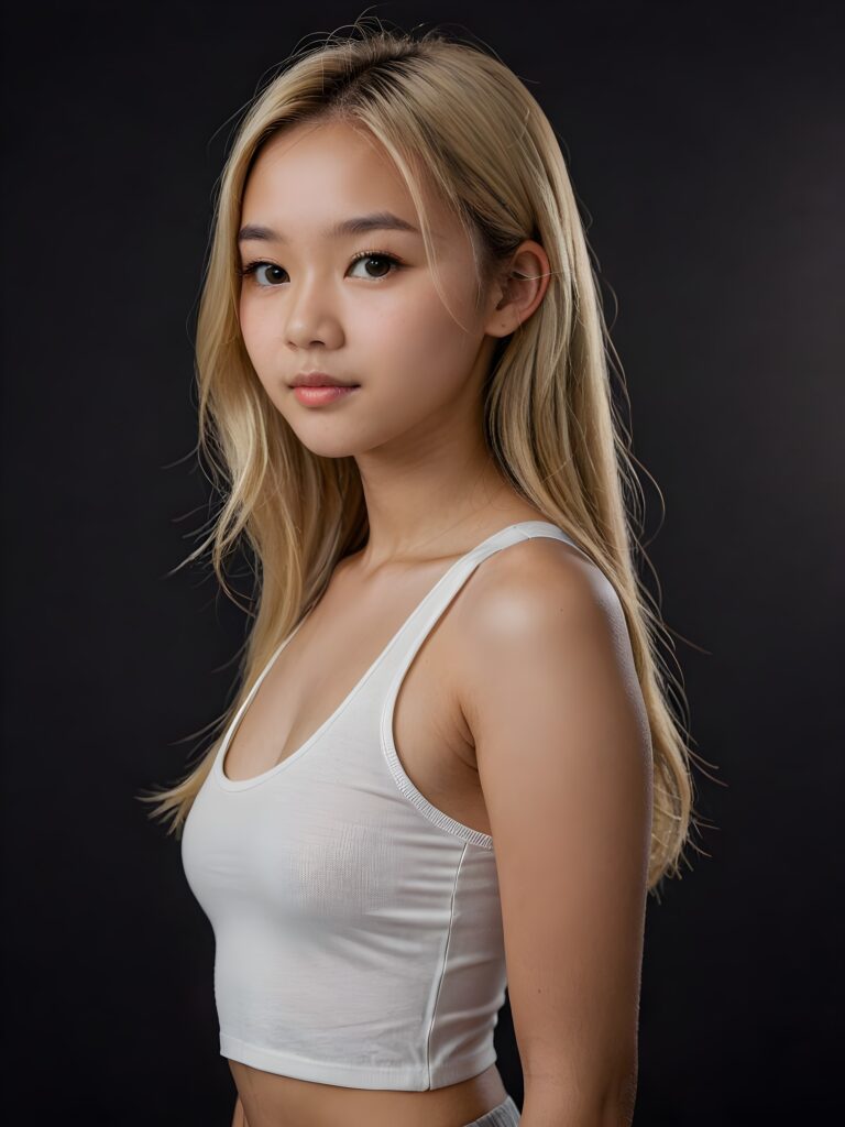 detailed and realistic portrait: an Asian teen girl, 15 years old, (((long, straight blonde hair))), beautifully realistic, realistic detailed angelic round face, looks at the camera, perfect curved body, (wears a super short tight (white crop tank top), perfect anatomy, side perspective, ((dark background))