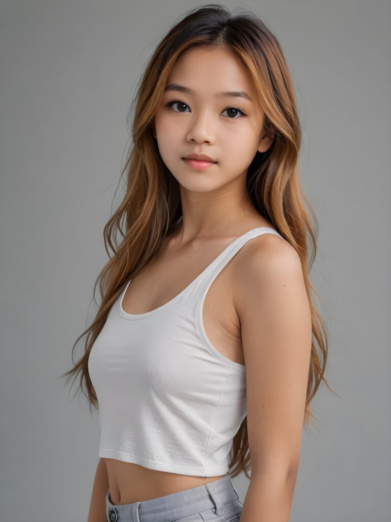 detailed and realistic portrait: an Asian teen girl, 15 years old, (((long, straight light amber hair))), beautifully realistic, realistic detailed angelic round face, looks at the camera, perfect curved body, (wears a super short tight (white crop tank top), perfect anatomy, side perspective, ((grey background))