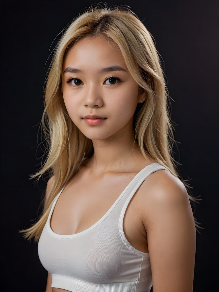 detailed and realistic portrait: an Asian teen girl, 15 years old, (((long, straight blonde hair))), beautifully realistic, realistic detailed angelic round face, looks at the camera, perfect curved body, (wears a super short tight (white crop tank top), perfect anatomy, side perspective, ((dark background))