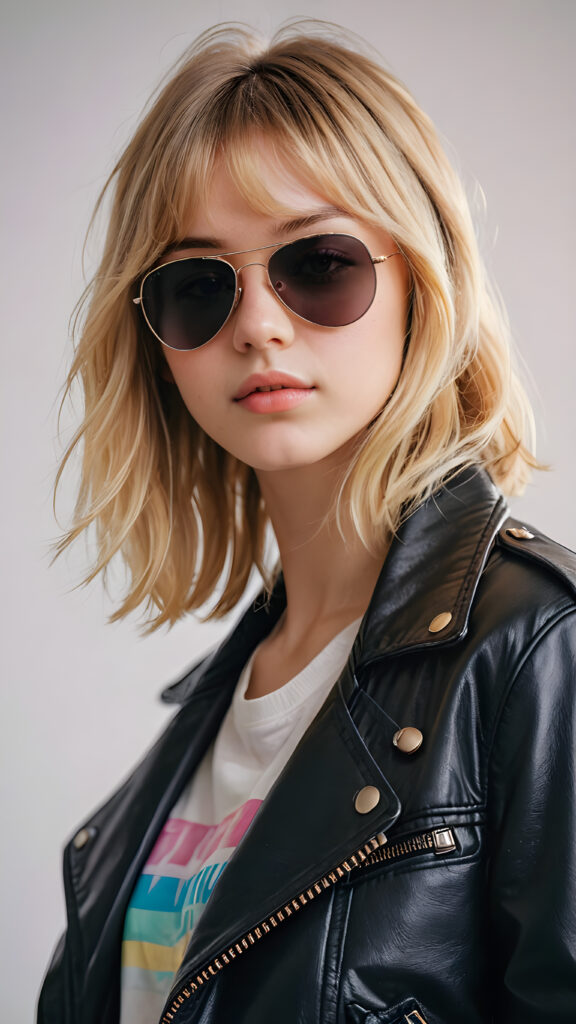 detailed and realistic photo from a young cute busty teenage girl with long blond bob cut and soft hair, with bangs, ((black aviator jacket)), ethereal, hand painted, hazy white backdrop, ((beautiful colors))