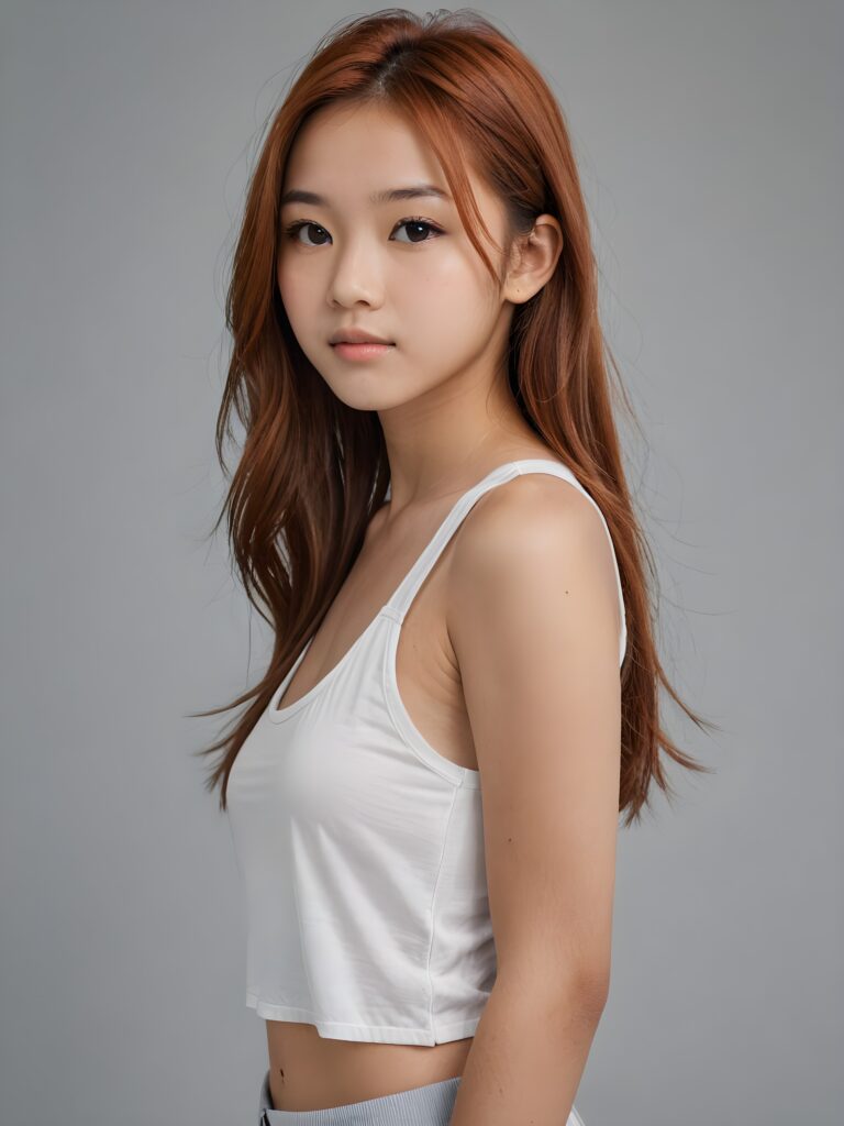 detailed and realistic portrait: an Asian teen girl, 15 years old, (((long, straight auburn-red hair))), beautifully realistic, realistic detailed angelic round face, looks at the camera, perfect curved body, (wears a super short tight (white crop tank top), perfect anatomy, side perspective, ((grey background))