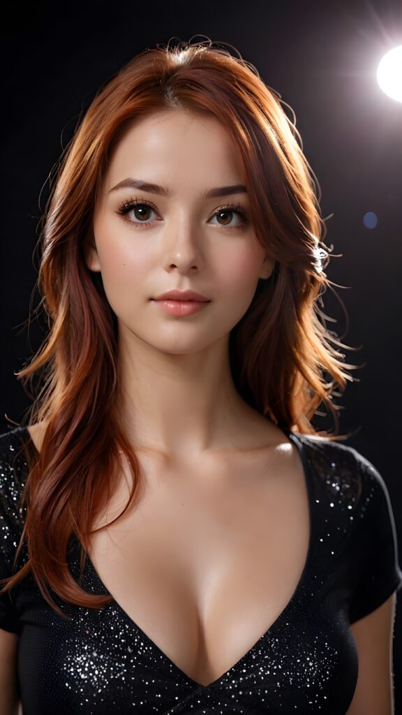 detailed and realistic photo of a young girl with flawless skin. She has long, straight red hair that falls over her upper body. She is wearing a tight, short top which emphasizes her perfect, sculpted body and has a plunging neckline. Her gaze is seductive and she looks directly at the viewer. Her brown eyes shine and sparkle, reflecting a little light. Low light falls into the picture and casts shadows, black empty backdrop