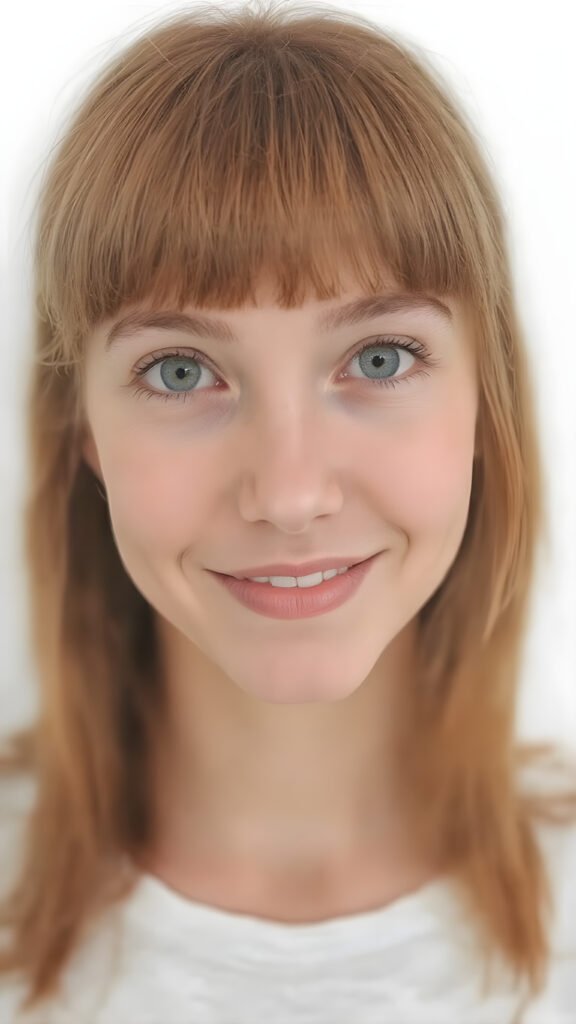 detailed and realistic head portrait, a thoughtful (((cute adult girl))) with long soft red straight hair, bangs, light green detailed eyes, white backdrop, focus on her round face, she smile, white teeth, front view